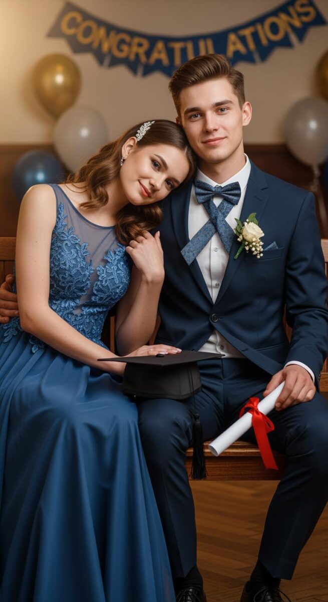Young couple at graduation celebration, man in navy suit holding diploma, woman in blue lace gown, Congratulations banner