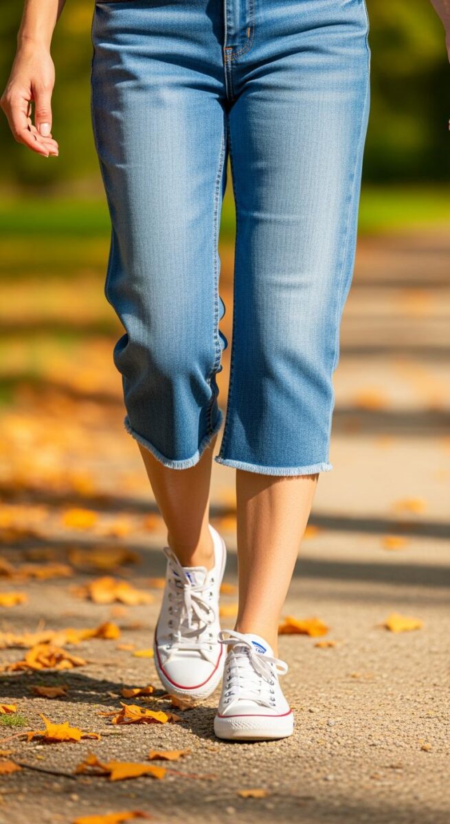Person walking on autumn leaf-covered path wearing cropped blue jeans and white Converse sneakers