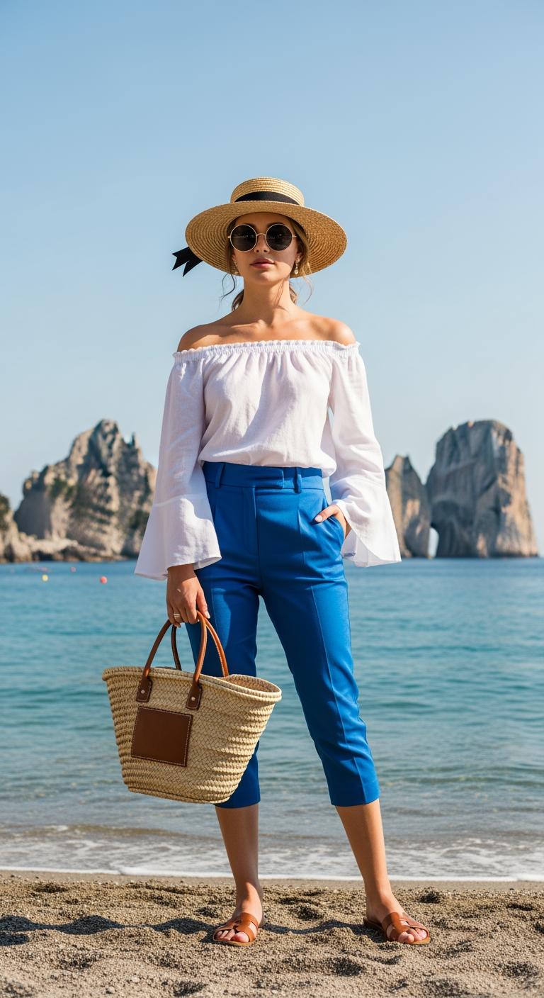 Woman in white off-shoulder blouse, blue capri pants, straw hat, and wicker tote bag standing on beach with rocky sea stacks