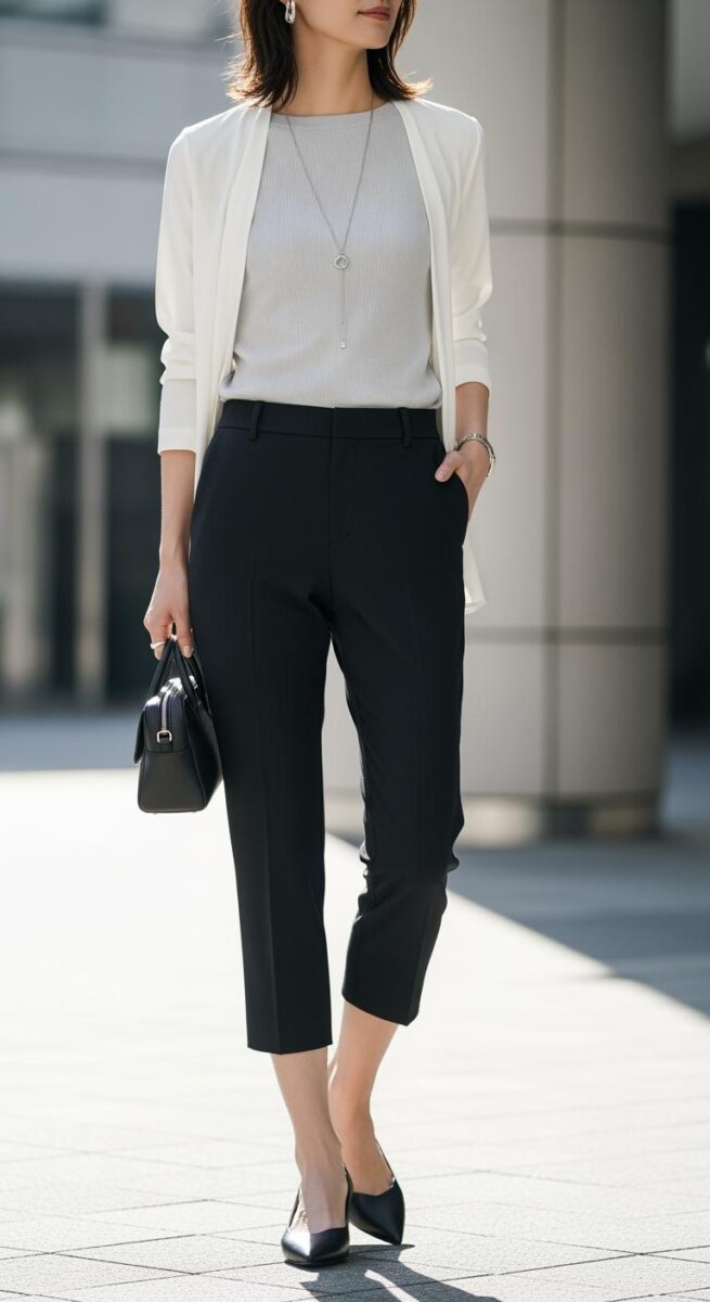 Woman in white blazer, light ribbed top, black cropped trousers, and black heels carrying a structured handbag