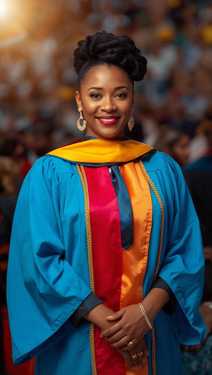 Smiling woman in blue doctoral graduation gown with gold and orange hood and honor cords at graduation ceremony