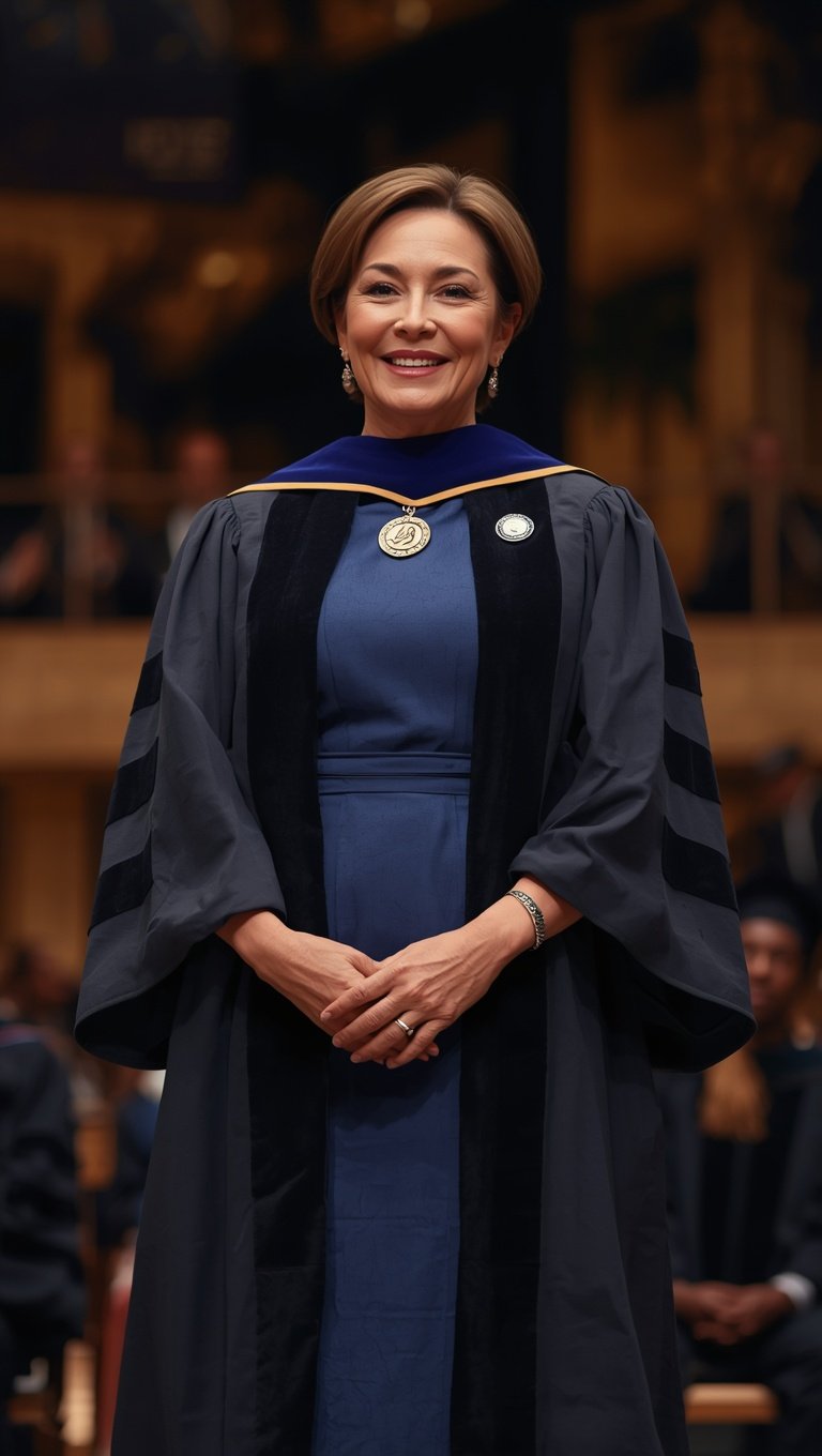 Woman in doctoral academic regalia with blue hood and medallion standing at formal graduation ceremony
