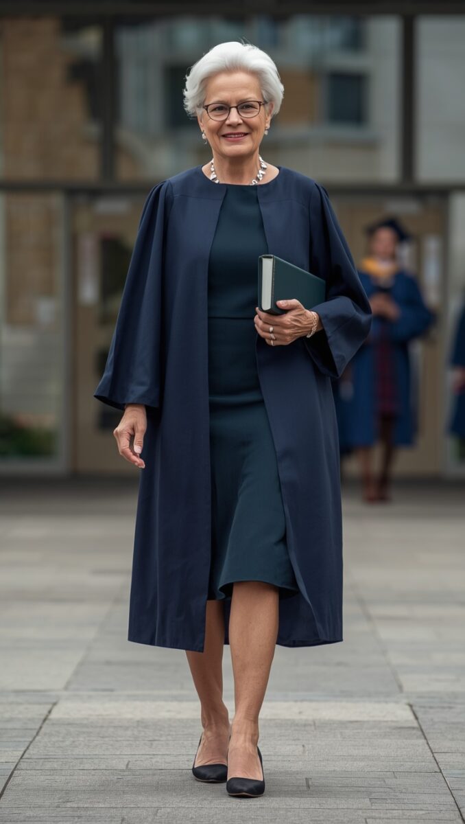 Elegant older woman in navy academic robe holding diploma folder outside university building
