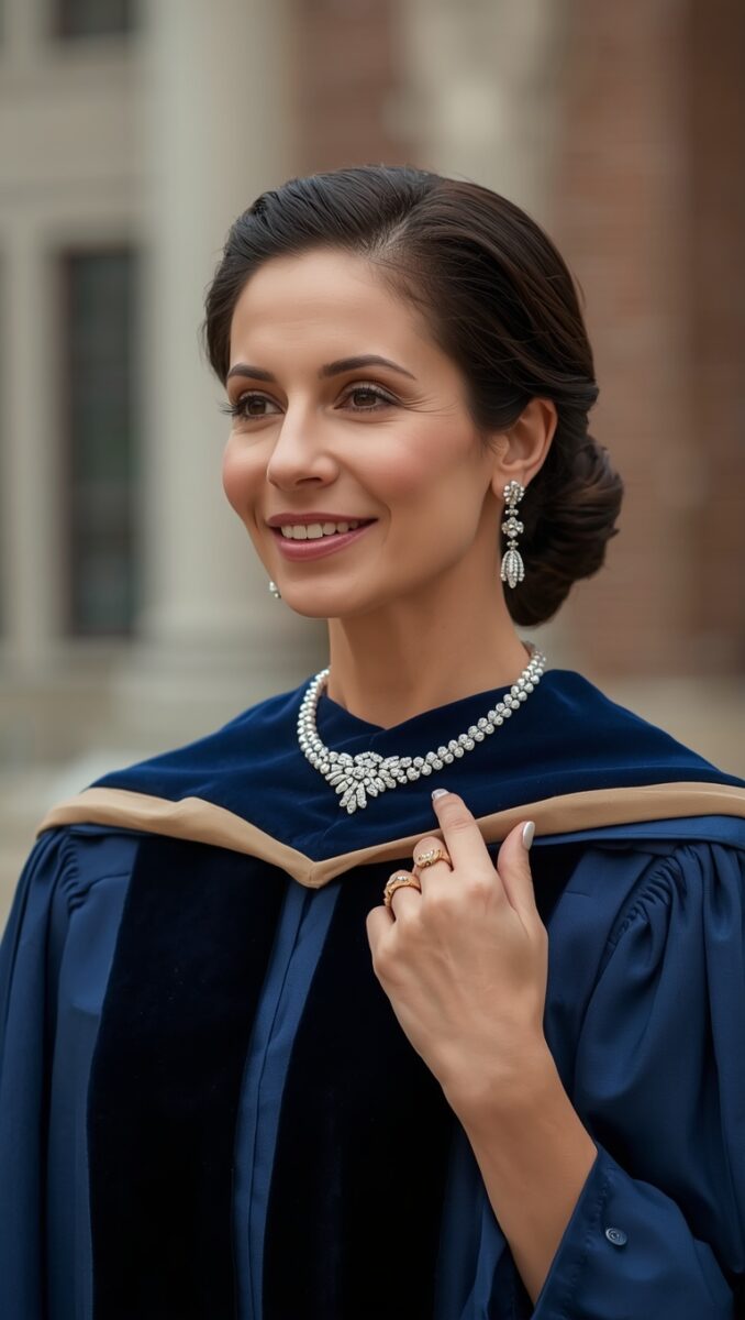 Smiling woman in navy blue doctoral graduation gown with velvet hood, wearing diamond necklace and earrings