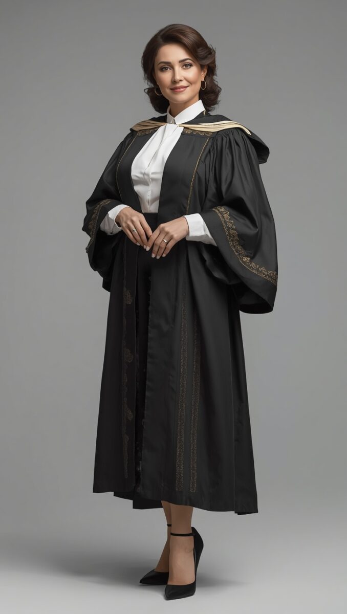 Woman in black academic doctoral graduation gown with gold trim and cream hood, white shirt, black heels