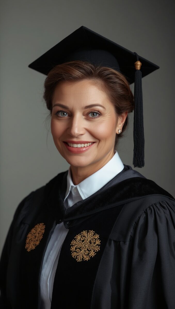 Smiling woman in black academic graduation gown and mortarboard cap with gold embroidery details