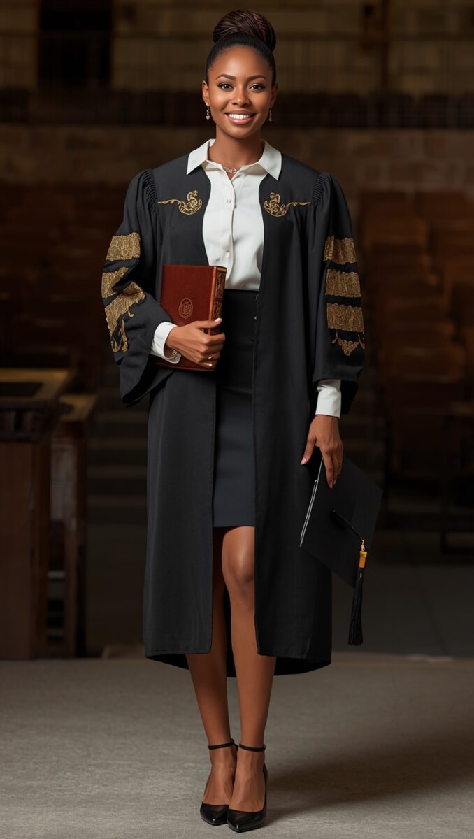 Smiling female graduate in black academic robe with gold trim holding diploma and mortarboard cap