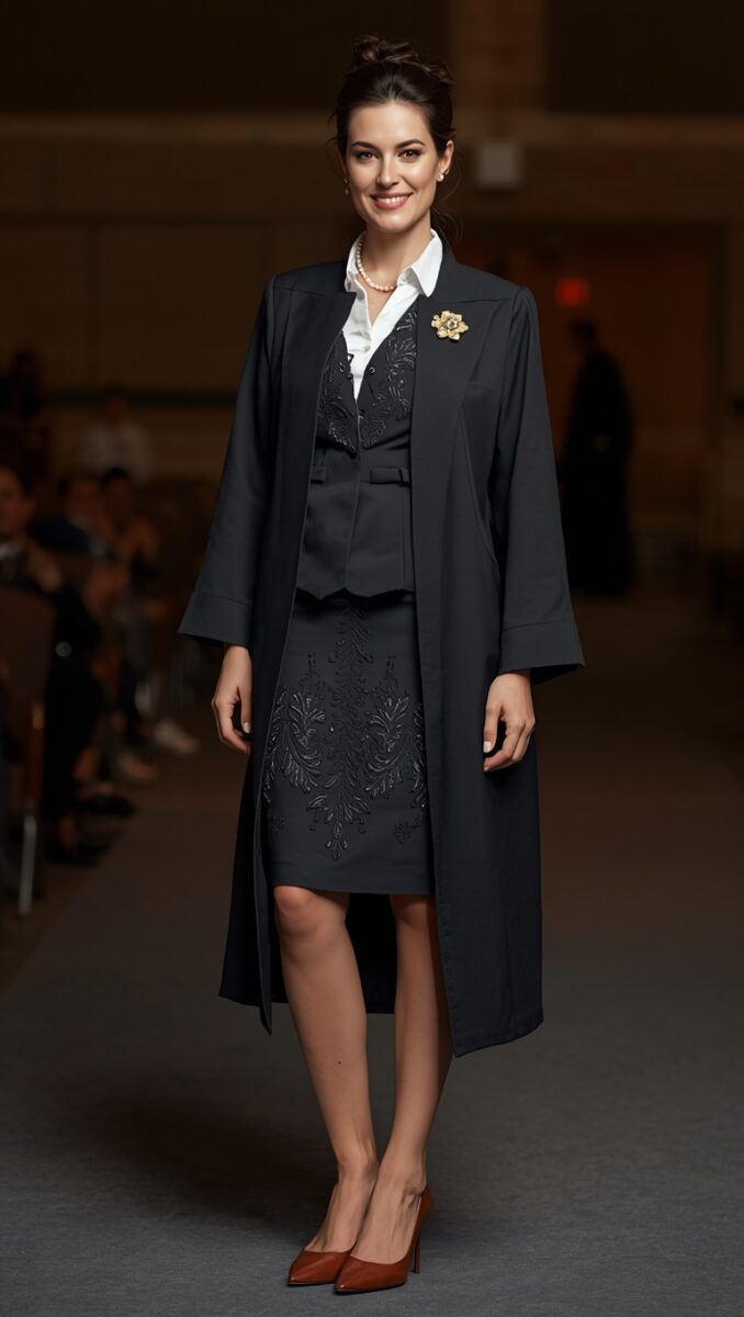 Woman in dark navy long coat over embroidered skirt suit with white shirt, pearl necklace, gold brooch, and brown heels on runway