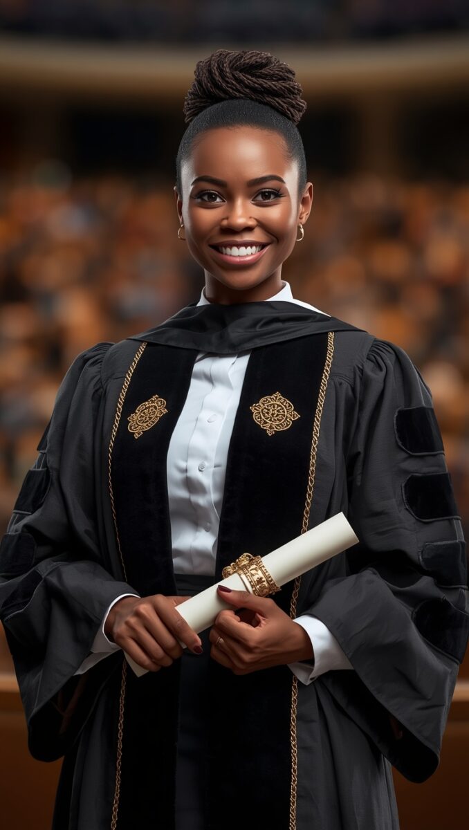 Smiling young woman in black doctoral graduation gown with gold embroidery holding a diploma scroll
