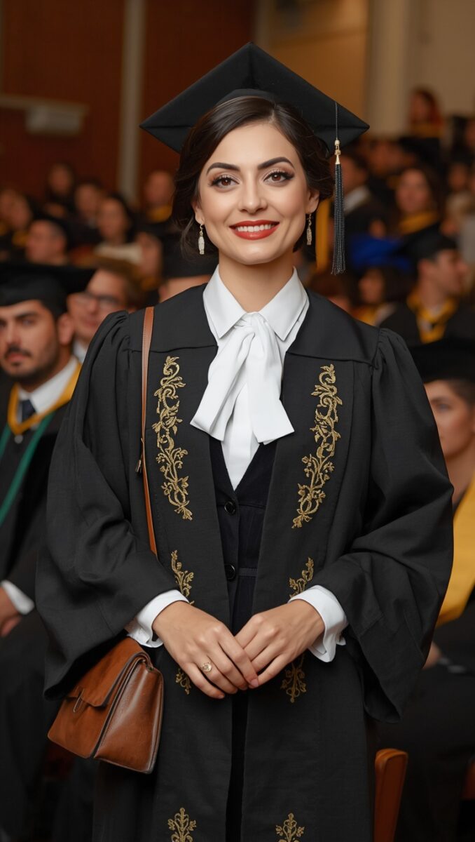 Smiling woman in black graduation gown with gold embroidery and mortarboard cap at a university ceremony