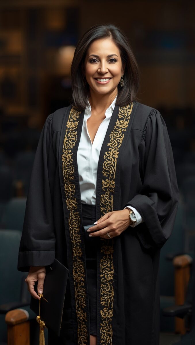 Woman in black academic graduation robe with gold embroidery smiling in formal setting