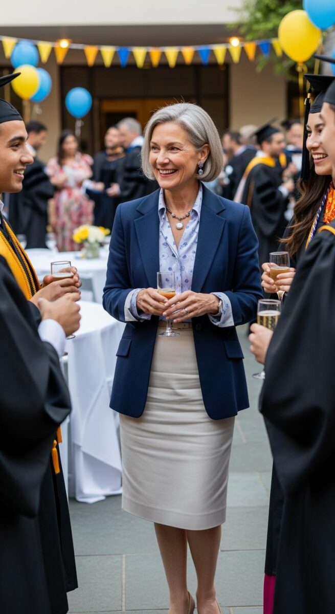 Woman in navy blazer smiling at outdoor graduation reception surrounded by graduates in caps and gowns