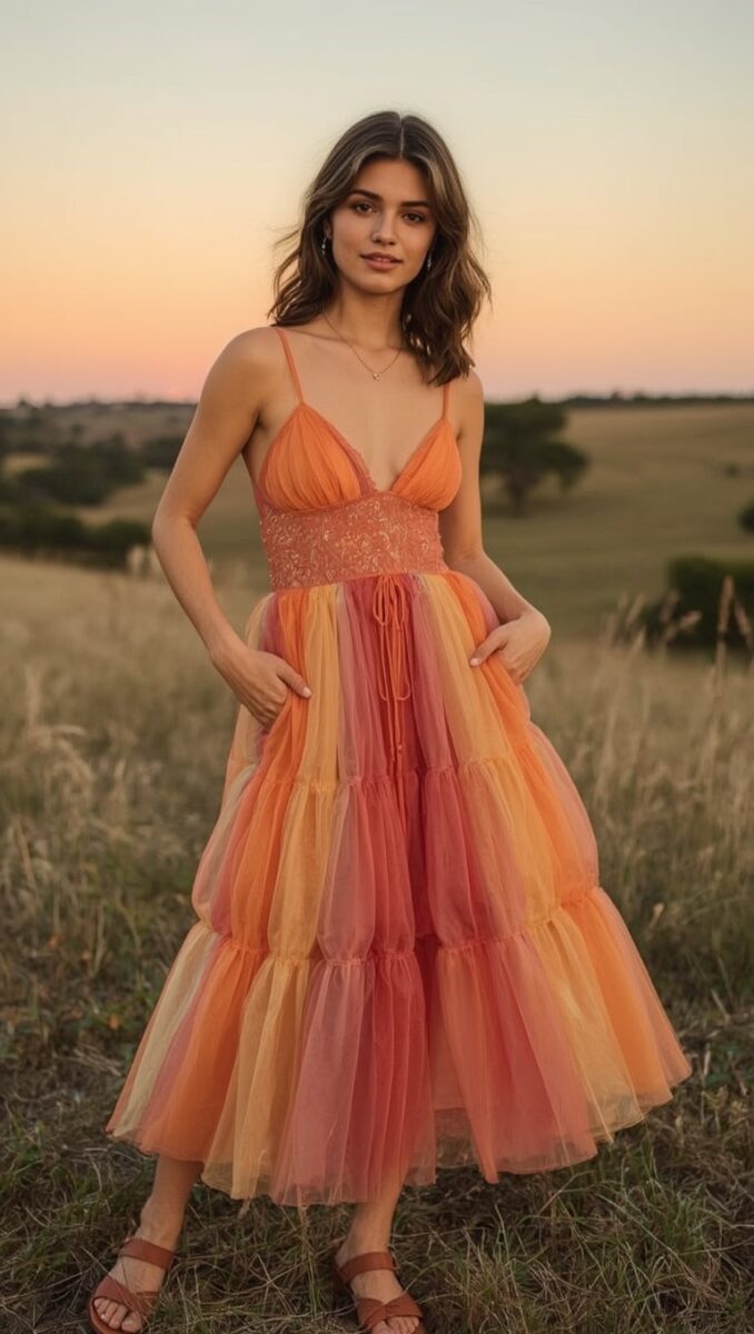 Woman wearing a tiered orange and red tulle midi dress with lace waistband standing in a golden field at sunset