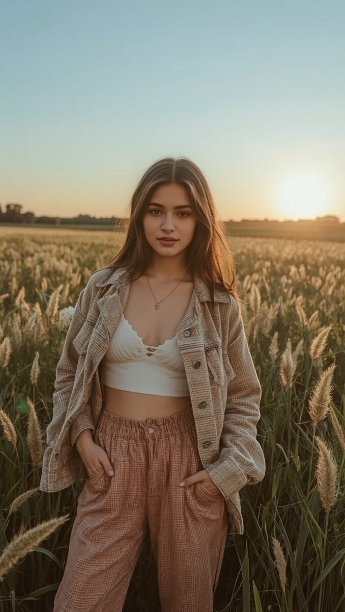 Young woman in plaid jacket and white crop top standing in golden wheat field at sunset