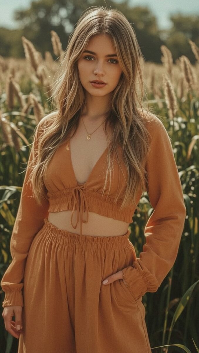 Young woman in rust orange two-piece crop top and wide-leg pants set standing in a corn field