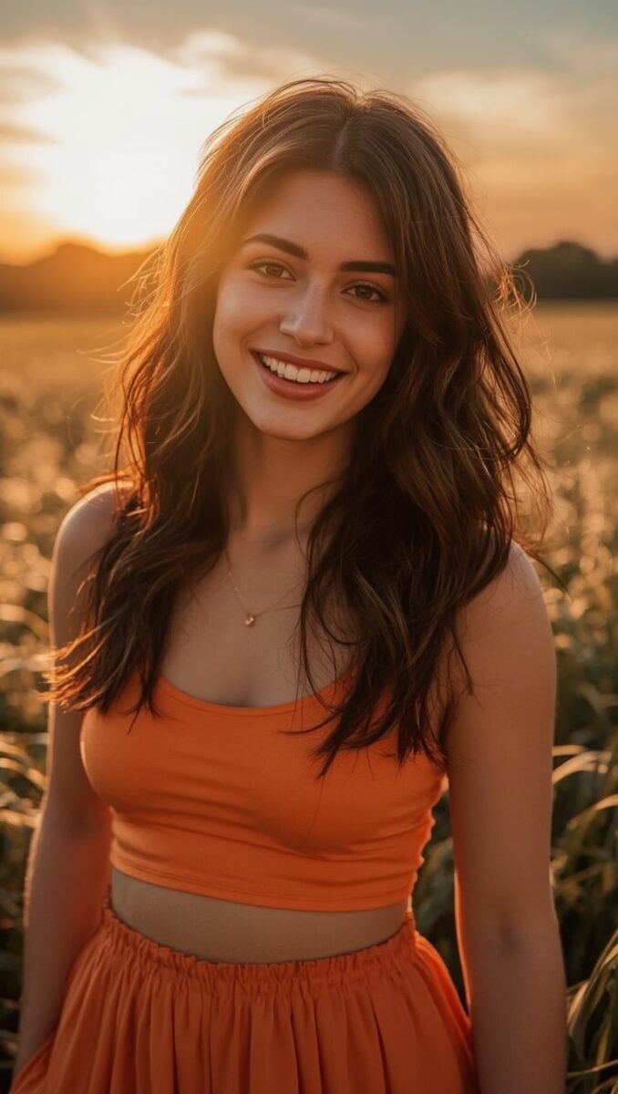 Young woman with dark wavy hair smiling in orange crop top and skirt during golden hour sunset in a field