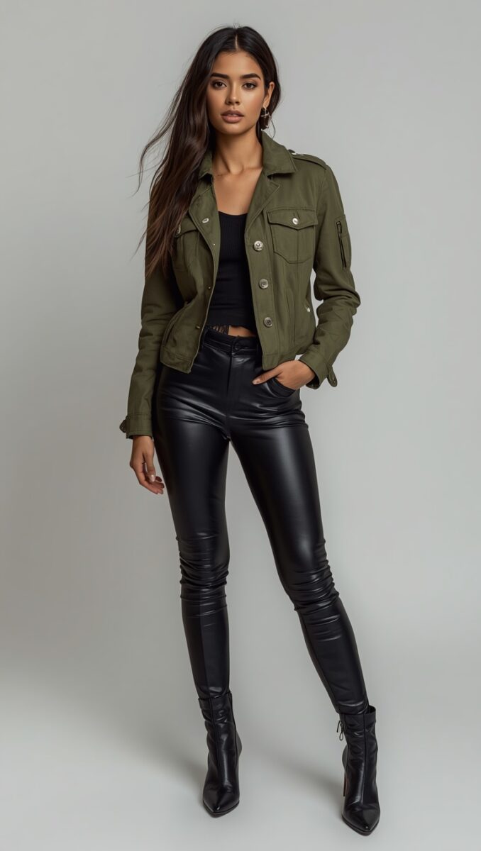 Woman wearing olive green military jacket, black crop top, black faux leather leggings, and black ankle boots