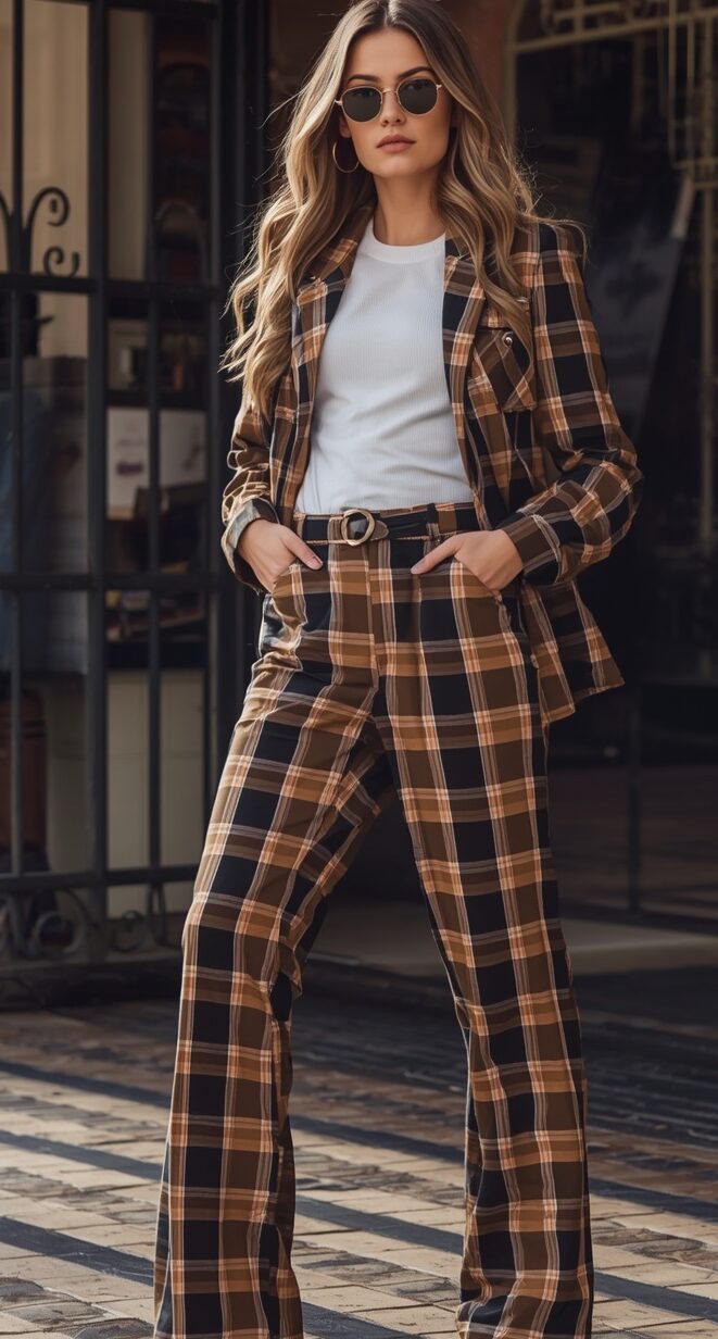 Woman wearing brown and black plaid blazer suit with white ribbed tee, flared trousers, belt, and sunglasses outdoors