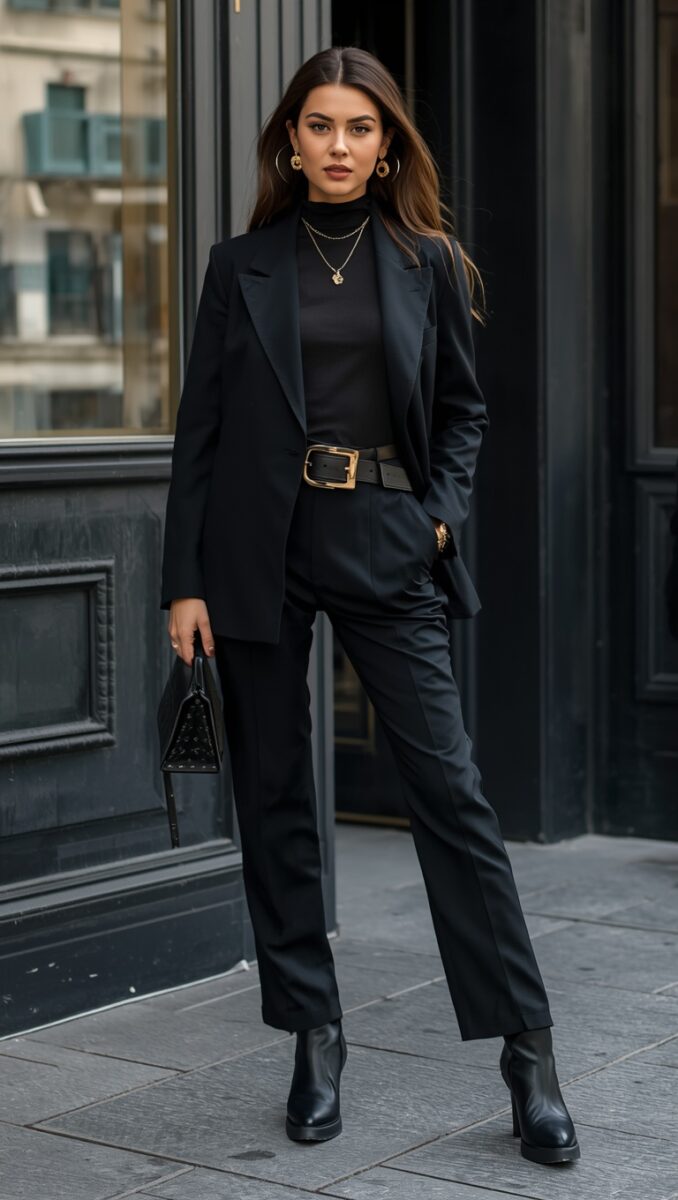 Woman wearing all-black outfit with blazer, turtleneck, tailored pants, belt, ankle boots, and gold accessories