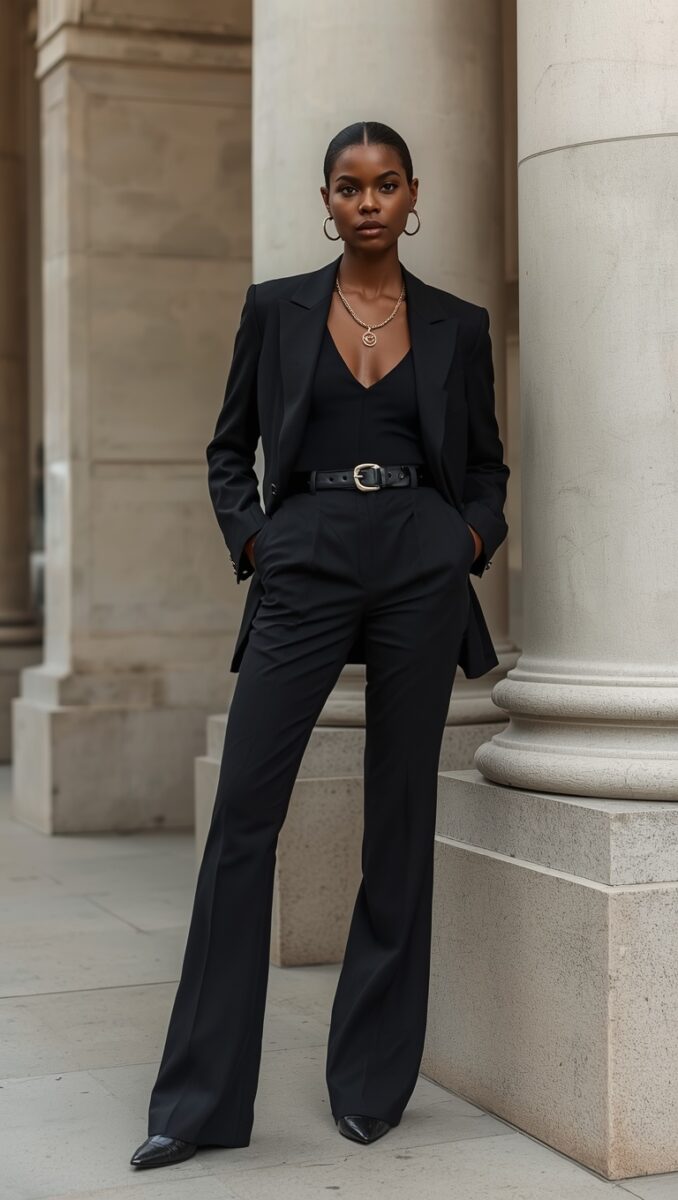 Woman wearing all-black blazer suit with flared trousers, black belt, gold jewelry, and pointed heels