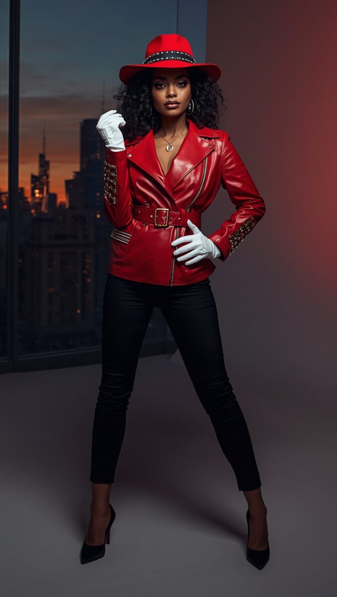 Woman in red leather jacket, red wide-brim hat, white gloves, and black skinny jeans posing against city skyline backdrop