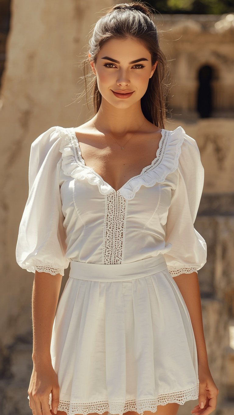 Young woman in white lace-trimmed puff sleeve dress smiling outdoors in sunlight