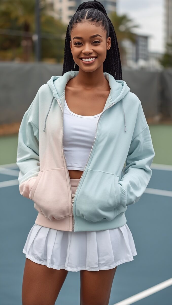 Young woman in pastel color-block zip-up hoodie and white pleated tennis skirt on outdoor court