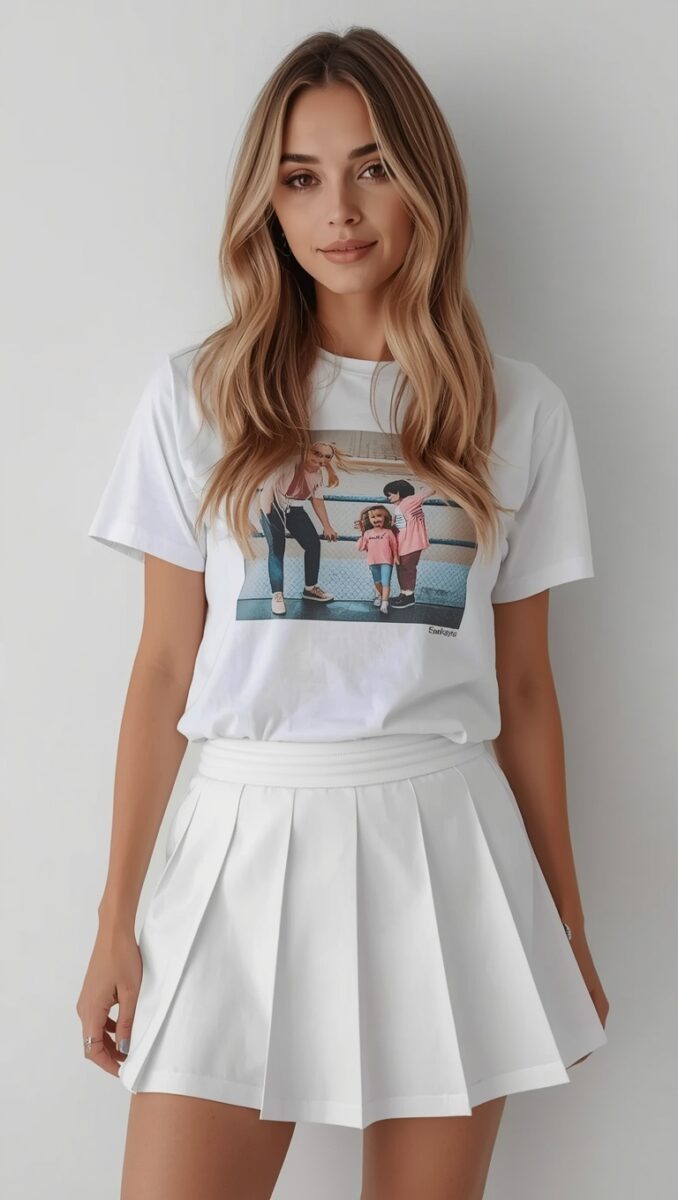Woman wearing white graphic t-shirt with children photo print and white pleated tennis skirt