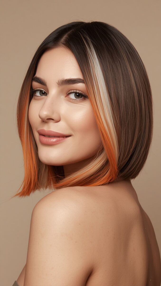 Woman with stylish bob haircut featuring dark brown roots, orange copper highlights, and silver blonde streaks