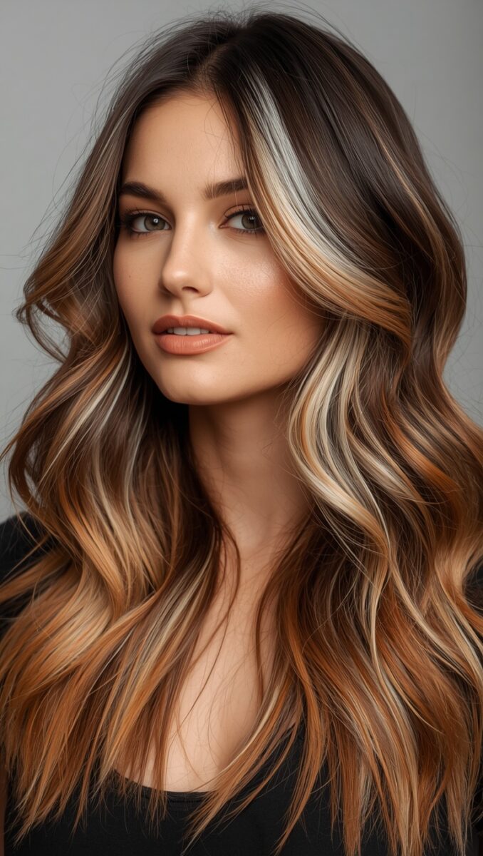 Woman with long wavy hair featuring dark brown roots, copper auburn tones, and blonde highlights balayage