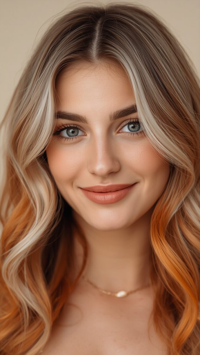 Young woman with wavy blonde and auburn ombre hair, blue-gray eyes, and a warm smile against a beige background