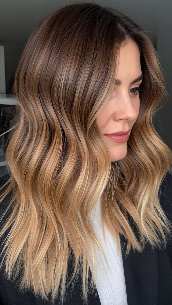 Woman with brown-to-blonde balayage hair, soft waves, shoulder-length lob cut, side profile view