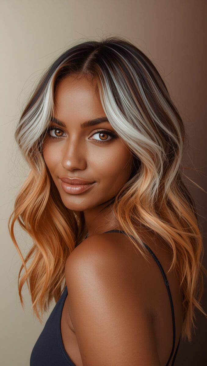 Woman with wavy balayage hair featuring blonde and caramel highlights against a neutral background