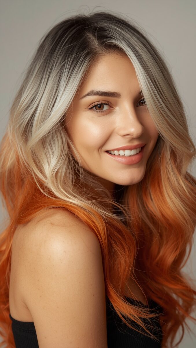 Woman with tri-color ombre hair featuring dark roots, platinum blonde mid-lengths, and vibrant orange ends