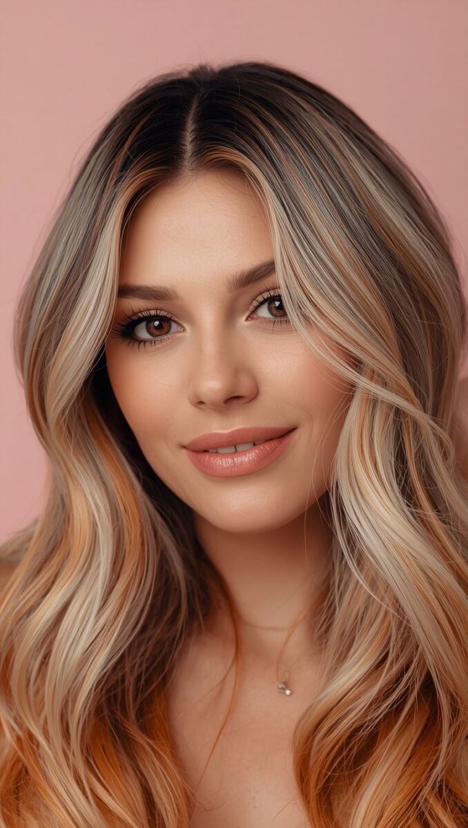 Young woman with long wavy balayage hair, brown eyes, and natural makeup against a pink background