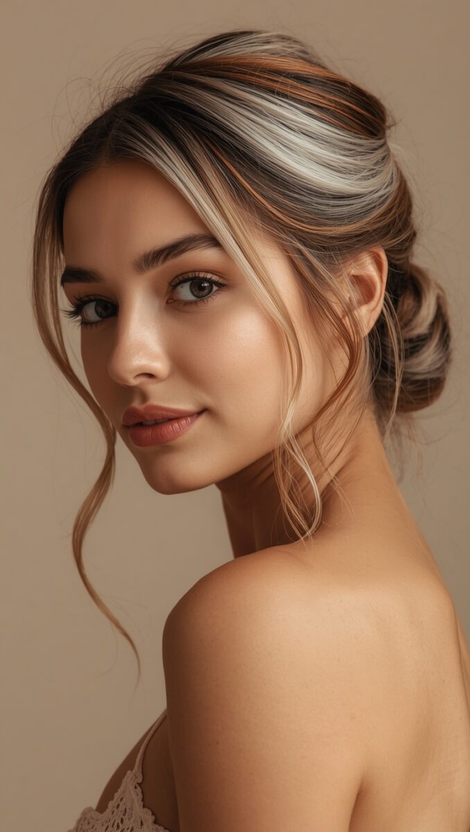 Woman with elegant updo hairstyle featuring silver and auburn highlights against a neutral beige background