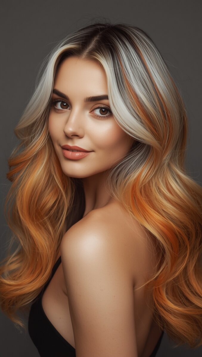 Woman with stunning multi-tonal hair featuring silver roots blending into warm copper-orange ombre waves