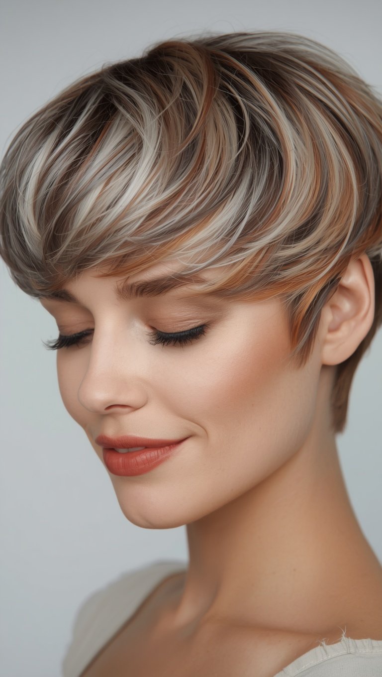 Woman with short pixie cut featuring silver platinum and auburn copper highlights with side-swept bangs