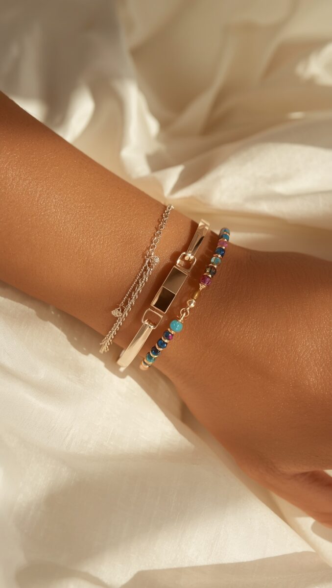 Three stacked bracelets on a wrist: silver chain with butterfly charm, silver bar bangle, and colorful beaded bracelet
