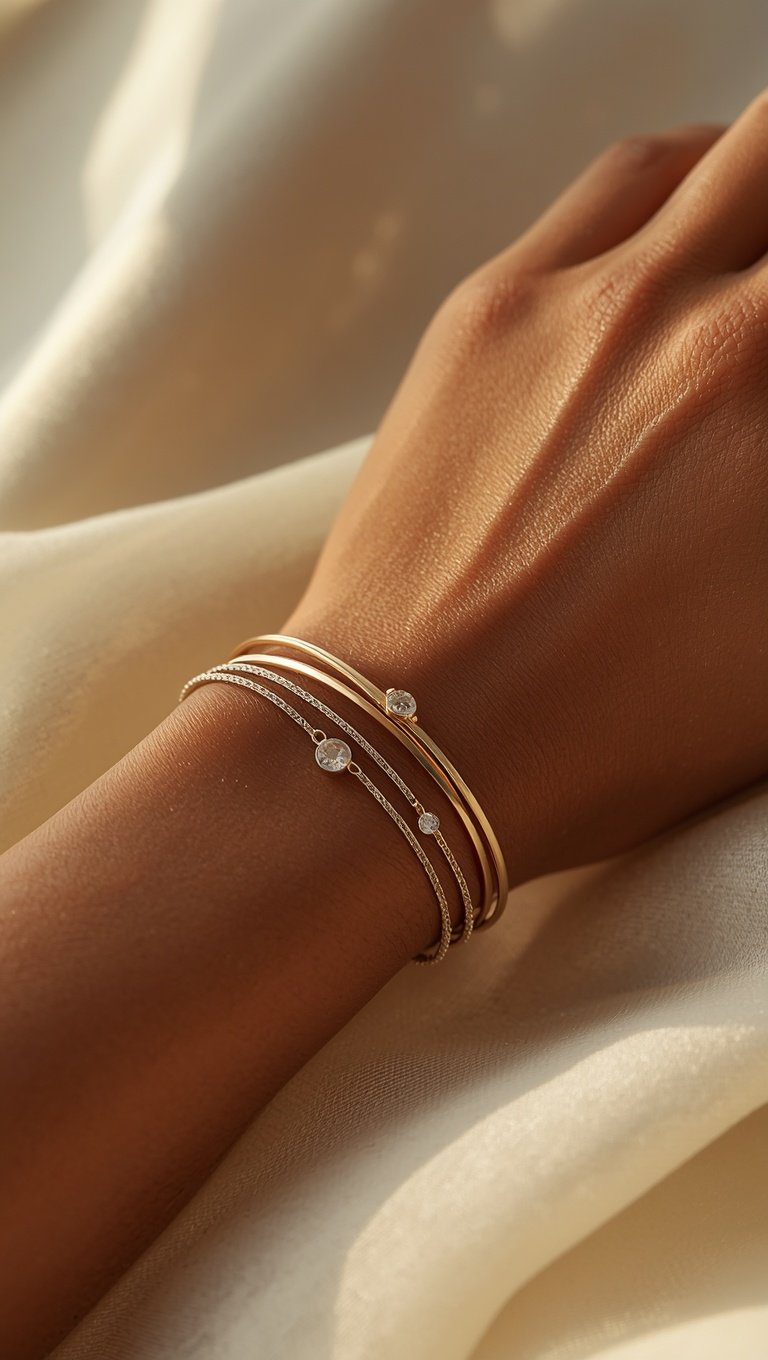 Stack of gold bangle bracelets with crystal accents worn on a woman's wrist against cream silk fabric