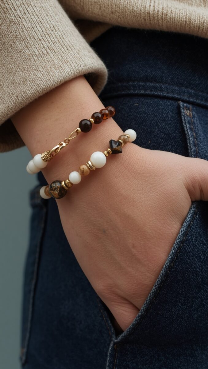 Two beaded bracelets with white, amber, brown stones and gold accents on a wrist, hand in denim pocket