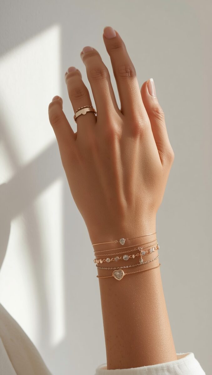 Woman's hand wearing stacked gold bracelets with crystal charms and a gold heart ring against white background