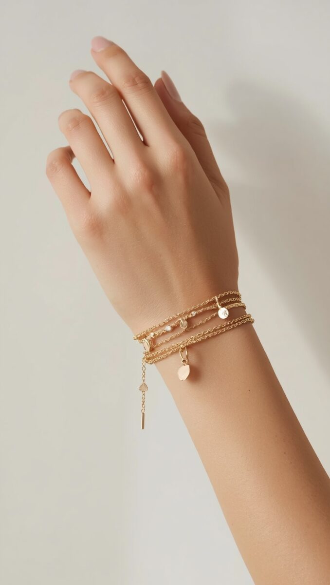 Woman's wrist wearing stacked gold chain bracelets with coin charms and delicate chain extensions