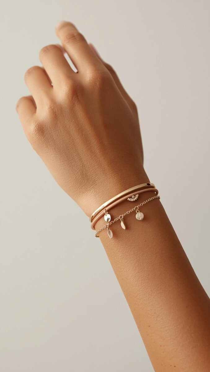 Woman's wrist wearing layered gold bracelets including a bangle, charm bracelet with coin and leaf pendants