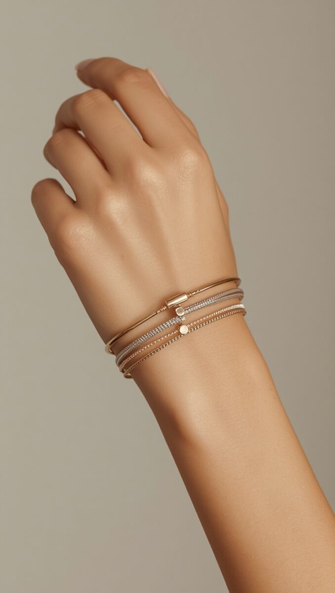 Woman's wrist wearing a stack of layered gold and silver bracelets including bangles, chain, and cord styles