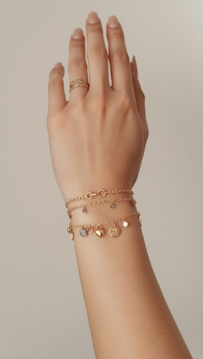 Woman's hand and wrist adorned with layered gold charm bracelets and a decorative gold ring