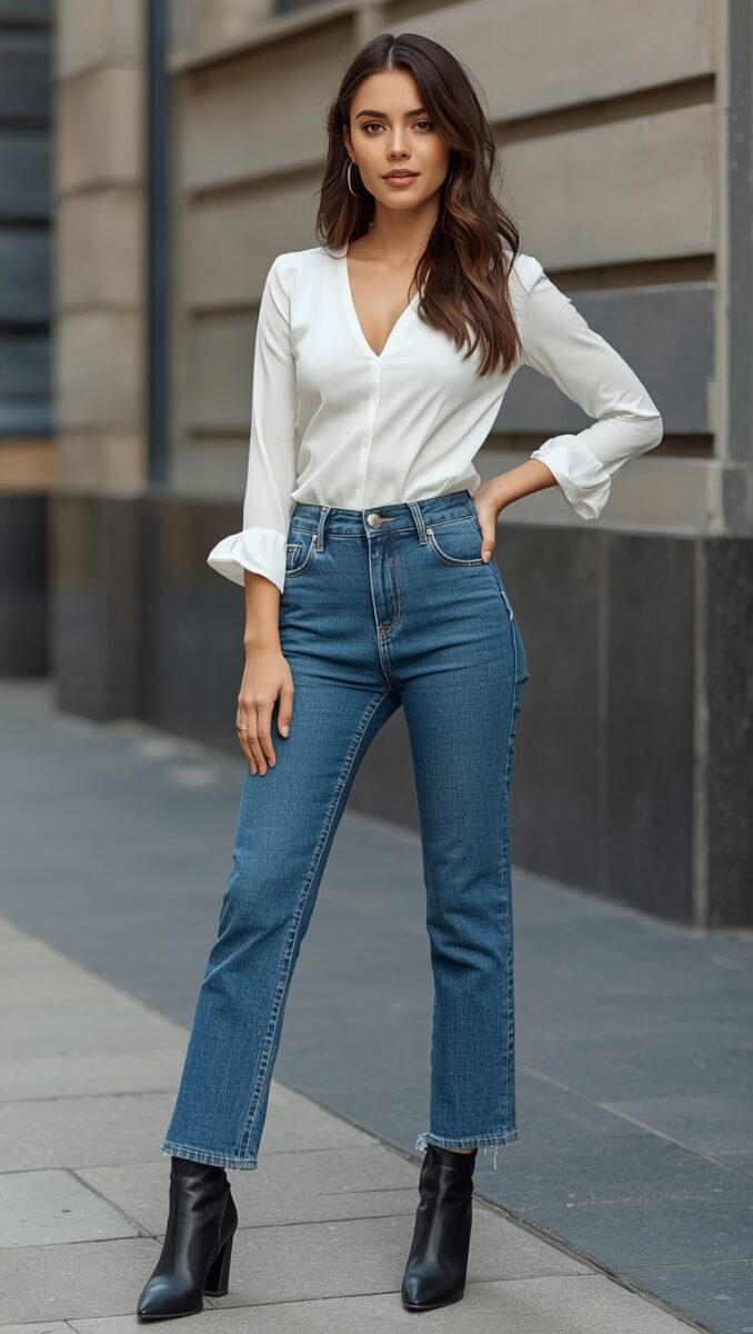 Woman wearing white V-neck blouse, high-waist blue jeans, and black ankle boots standing on urban sidewalk