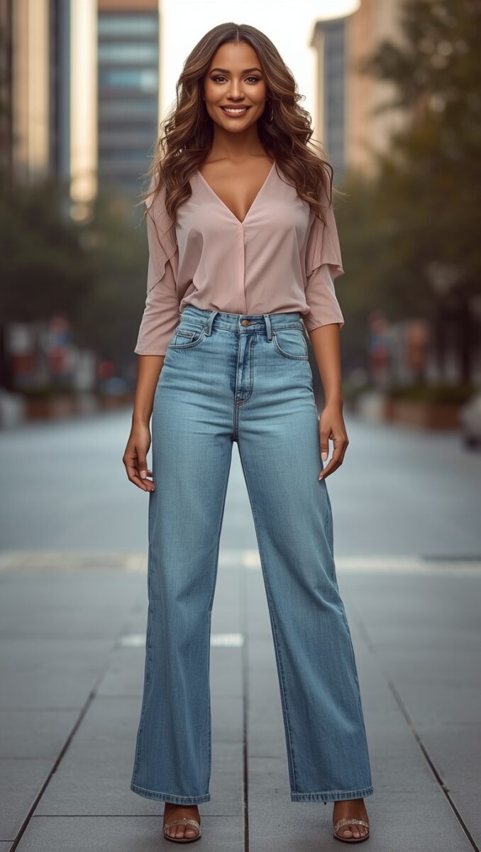 Woman in light pink V-neck blouse and wide-leg light wash jeans standing on urban street
