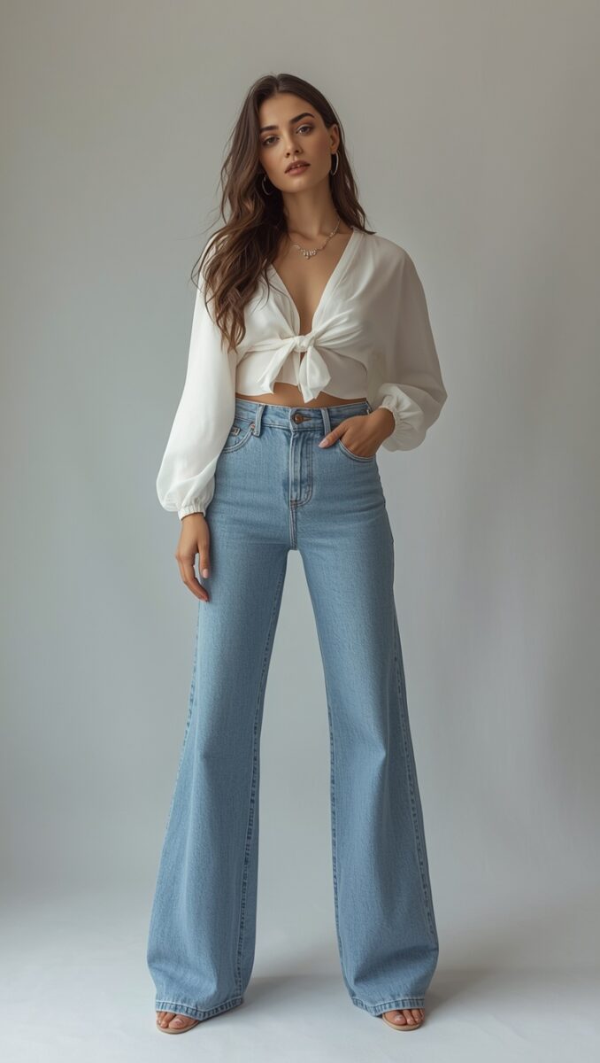 Woman wearing white tie-front crop blouse with long sleeves and light blue high-waist flare jeans