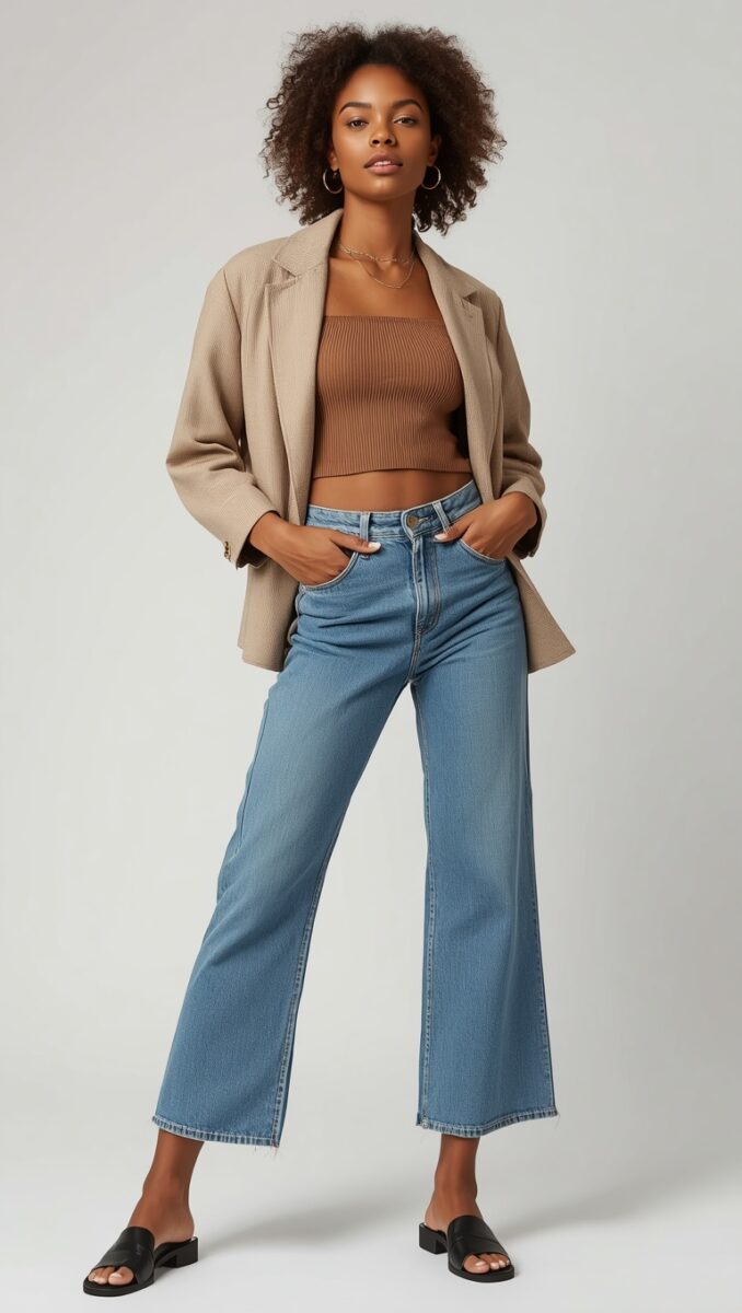 Woman wearing beige oversized blazer, brown ribbed crop top, wide-leg blue jeans, and black slide sandals